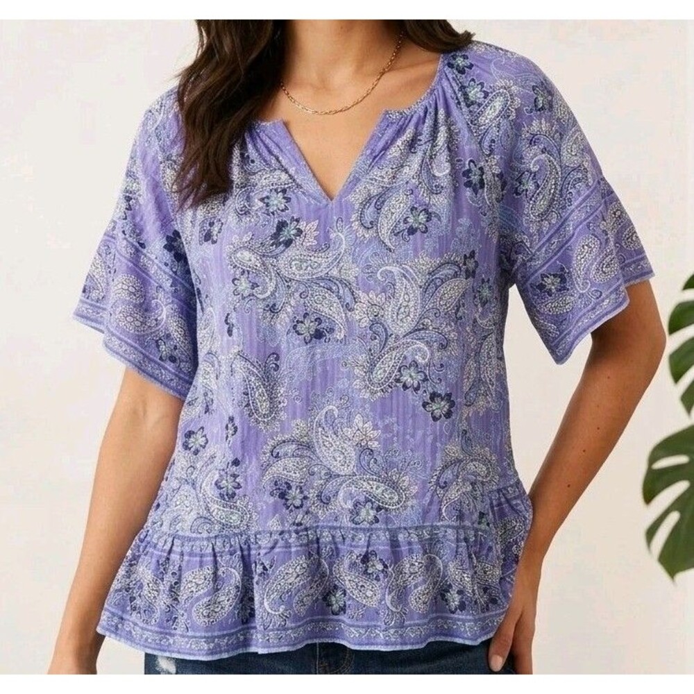 J Jill Women's 2X Purple Black Paisley Print Short Sleeve Blouse Top